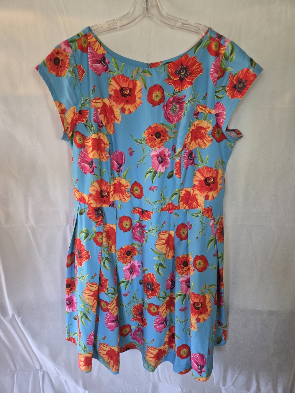 eShakti Blue Tropical Floral Dress with Red Blooms